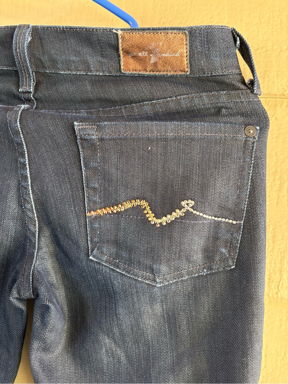 7 For All Mankind Dark Blue Straight-Leg Jeans with Pocket Rhinestone Detail - Picture 2 of 9